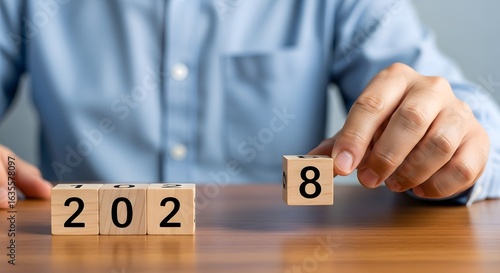 New year celebration concept of wooden blocks showing year two thousand twenty eight in the future