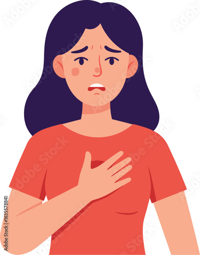 A Woman with Long Dark Hair and a Red Shirt Holding Her Chest in Discomfort