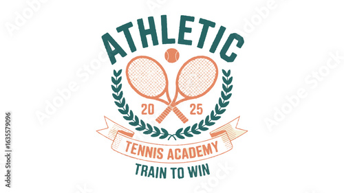 Athletic Tennis Academy Logo With Rackets Ball Laurel Wreath and Banner sport