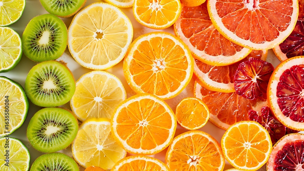 Obraz premium Bright and Colorful Assortment of Fresh Citrus Fruits and Kiwi Creating a Healthy and Vibrant Still Life Composition