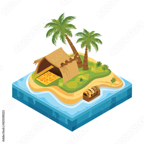 Isometric Island with a Shack and Palm Trees