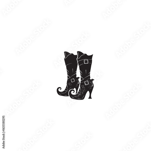 black silhouette vector of classic witch boots, black vector witch boot.