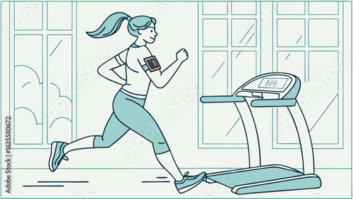Woman running on treadmill indoor workout fitness exercise cardio training healthy lifestyle home gym equipment 100
