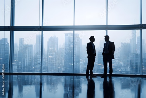 Two executives talking in modern office with city view background