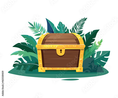 Wooden Treasure Box in Jungle with Leaves