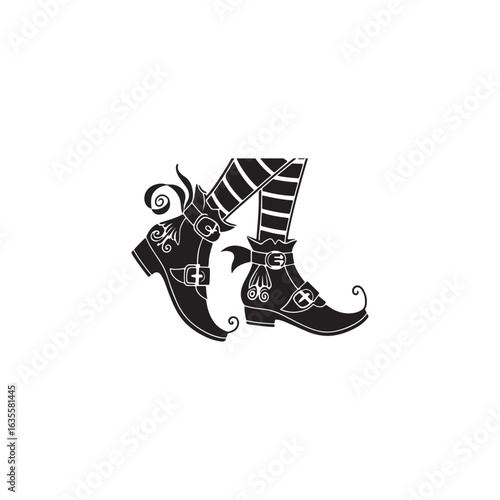 black silhouette vector of classic witch boots, black vector witch boot.