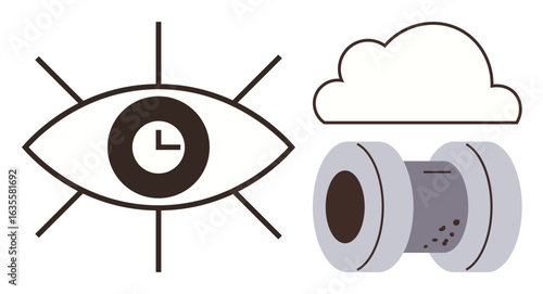 Eye with inner clock, a cloud figure, and a spool of rolled paper. Ideal for concepts thumbs up time, vision, cloud storage, monitor, surveillance communication and analysis. Simple flat metaphor