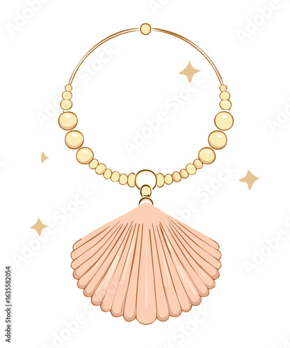 Golden Necklace with Beads and Shell Pendants