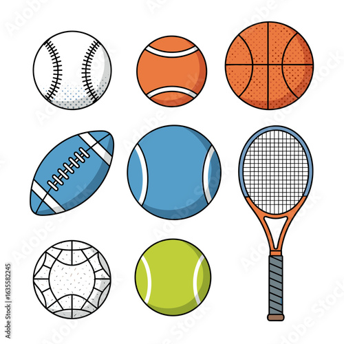 Collection of various sports balls and equipment including baseball basketball tennis racquet and football