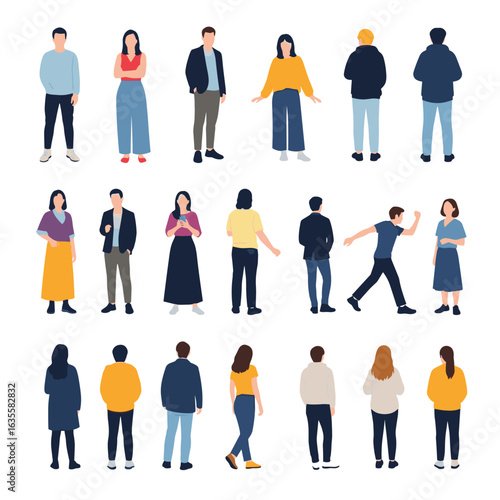 Collection of diverse people standing in casual attire representing different genders and ages