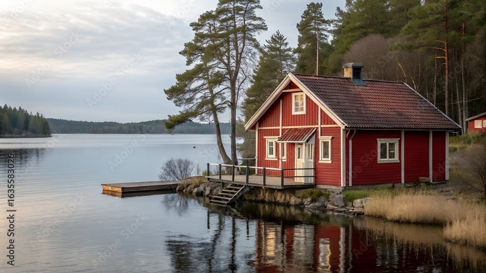 Fototapeta premium red house on the lake