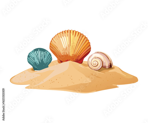 A large scallop shell and a conch shell on sand