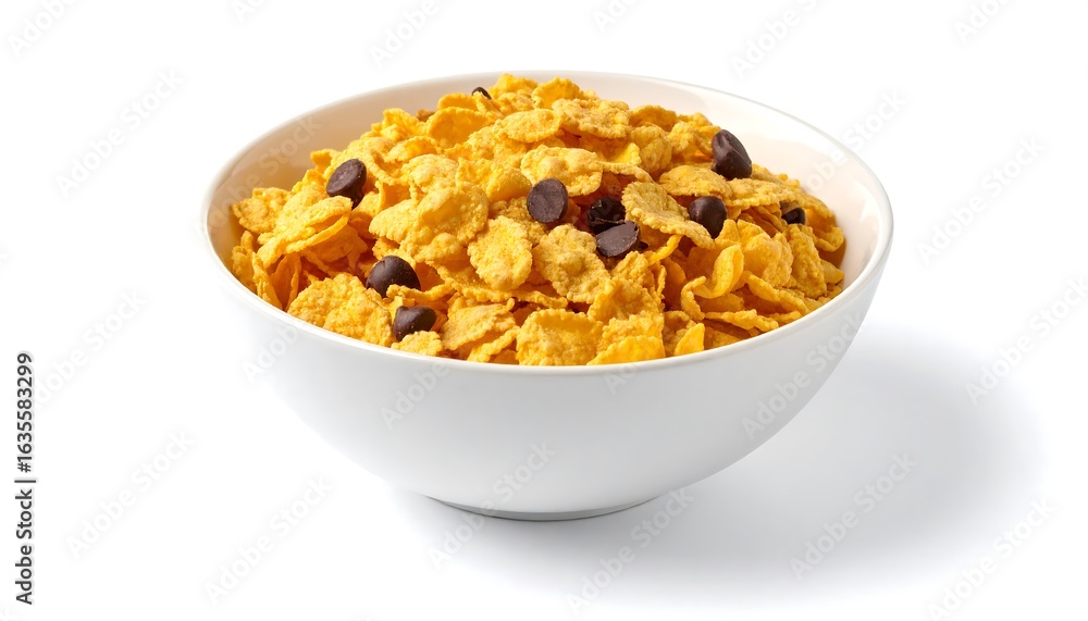 Bowl of corn flakes with chocolate chips Bowl of corn flakes with chocolate chips