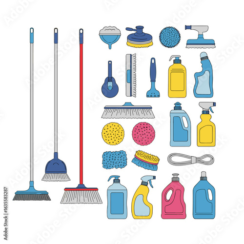 Essential household cleaning tools and supplies for a spotless home environment