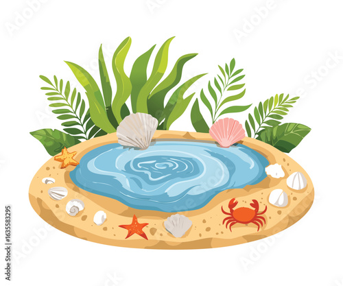 Illustration of Beachside Pool with Crabs and Green Plants
