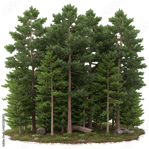 Realistic Forest Illustration with Green Pine Trees and Transparent Background