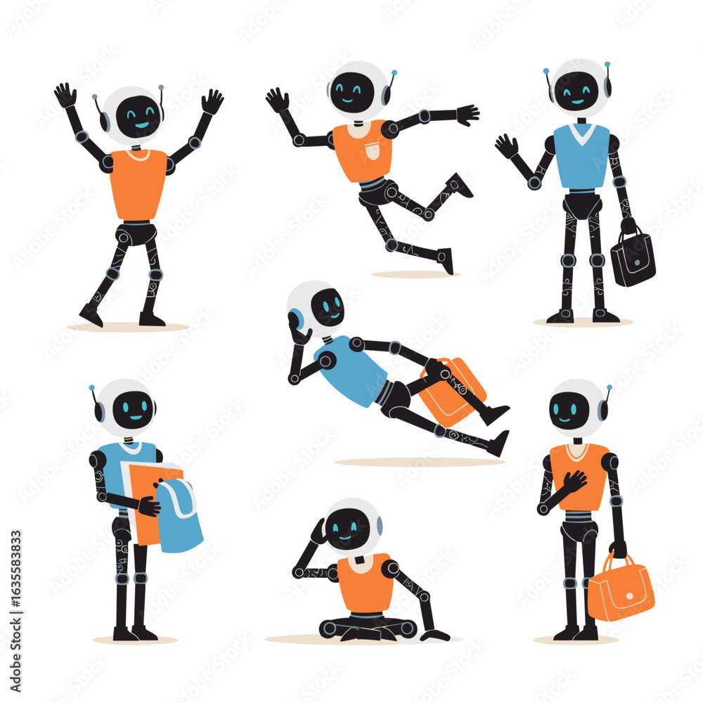 Fototapeta premium Collection of cartoon robots engaging in various fun and playful activities and poses demonstrating their versatility