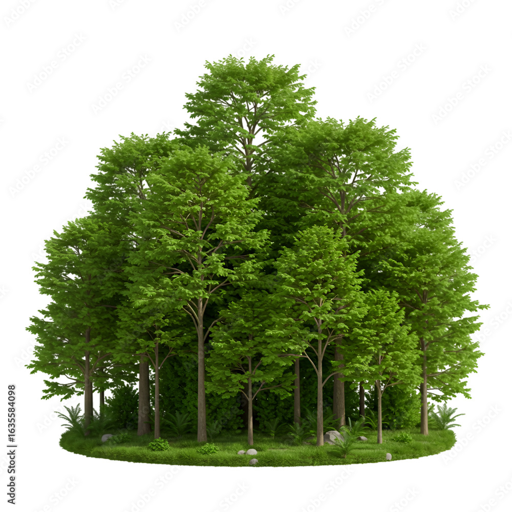 Obraz premium Realistic 3D Render of a Green Forest Cluster Isolated on Transparent Background
