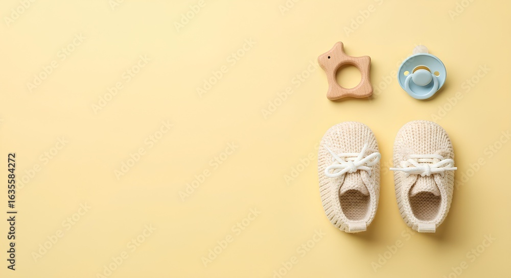 Fototapeta premium Newborn baby accessories flat lay with booties, pacifier, and wooden teether on a pastel yellow background with copy space.