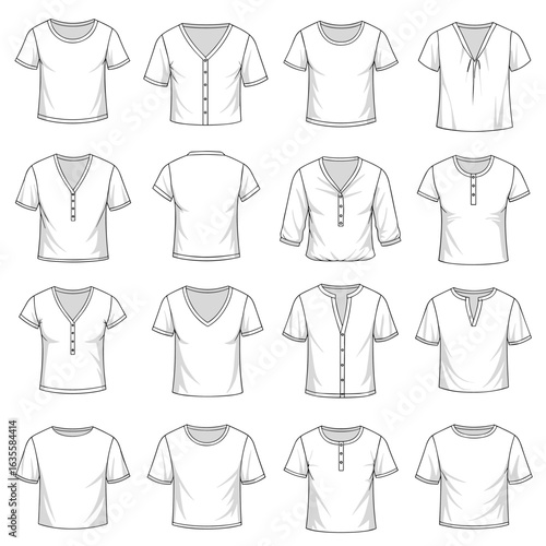 Collection of assorted womens tops featuring diverse necklines sleeve lengths and closure details