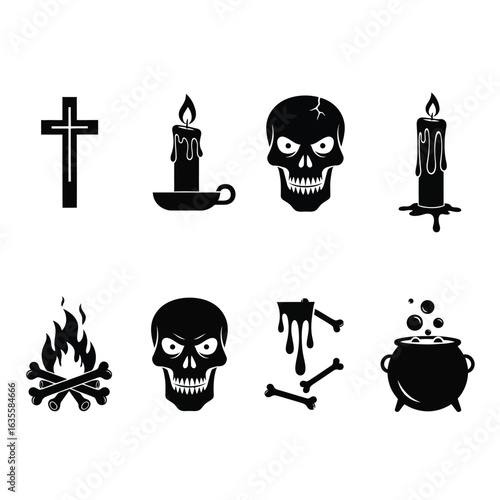 A spooky set of black witchcraft and voodoo icons for horror design elements