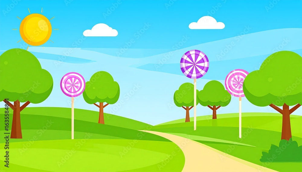 Fototapeta premium Lollipop-adorned landscape with trees and a path.