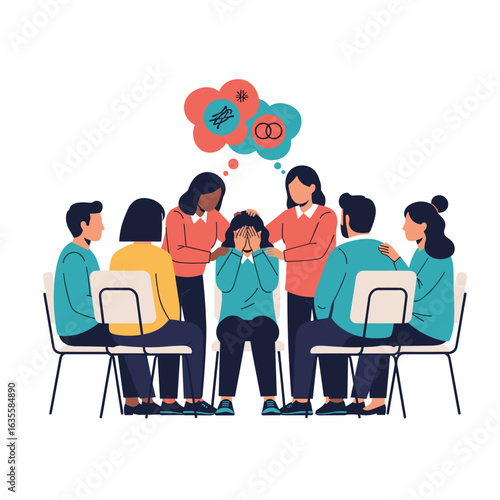 Group therapy session providing emotional support and understanding for individuals facing personal challenges and distress