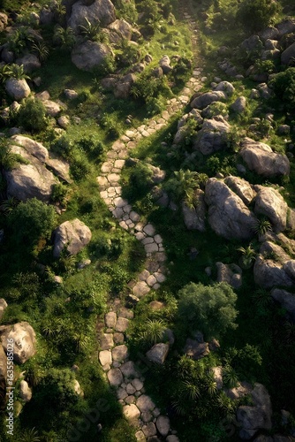 Rocky path winding through lush greenery.