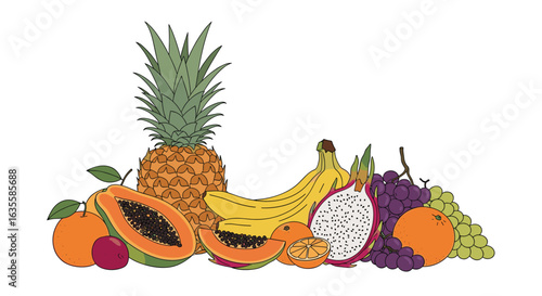 A vibrant assortment of exotic and tropical fresh fruits offering a spectrum of colors textures and sweet flavors