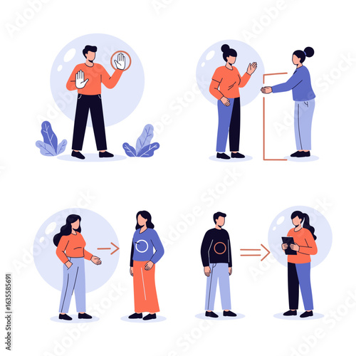 Illustrations depicting social distancing and personal space during public interactions