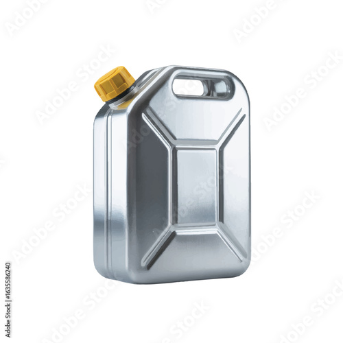 Silver metal jerrycan with yellow cap on a white background fuel petrol
