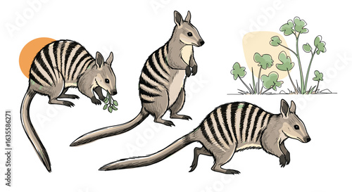 Charming illustrations of the adorable marsupial known as the banded hare wallaby showcasing its distinctive striped markings and gentle nature in its natural habitat with lush vegetation