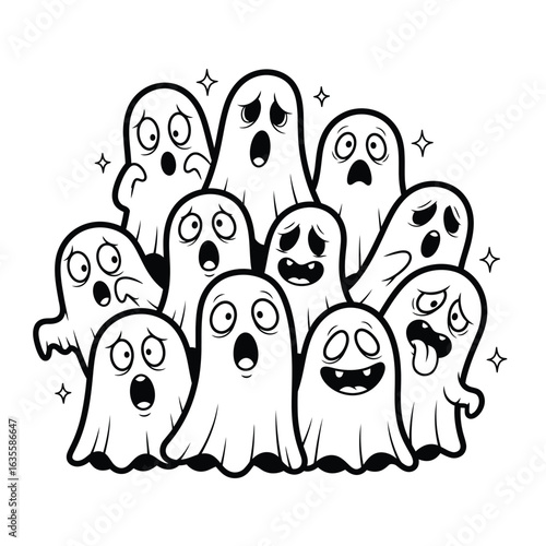 A lively group of cartoon ghosts with funny and scared expressions for Halloween