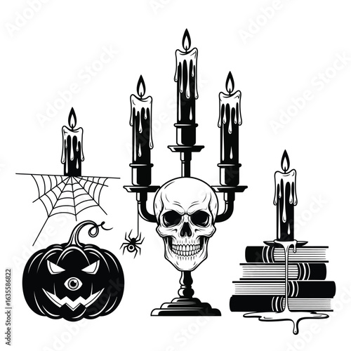 Gothic horror icons for Halloween, a spooky collection with a skull, candelabra, and pumpkin.