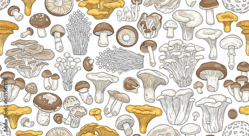 An intricate pattern showcasing a diverse collection of edible and wild fungi in various shapes and sizes