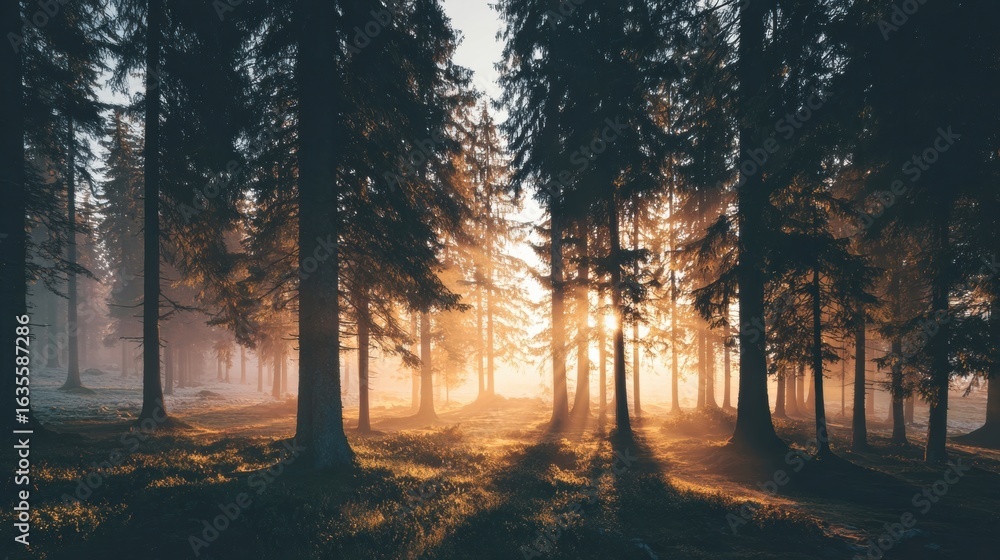 Obraz premium Sunlight Filtering Through Trees in a Peaceful Forest During Early Morning Hours