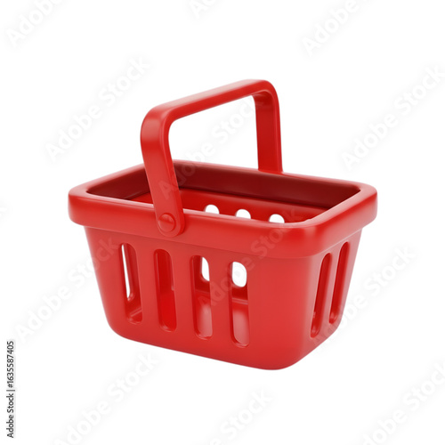 3d red plastic shopping basket isolated on transparent background
