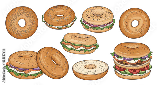 Assortment of delicious bagels and bagel sandwiches with fresh ingredients and toppings