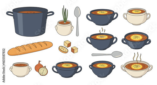 A collection of delicious hot soups served in bowls with bread and spoons for a cozy meal