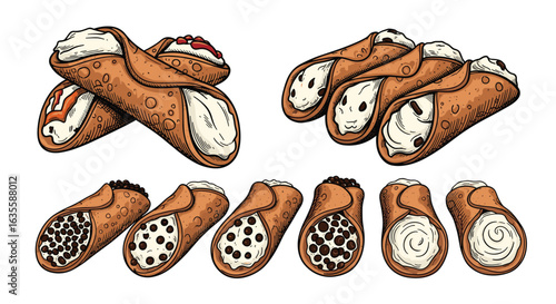 Delicious italian cannoli filled with creamy ricotta and various sweet toppings presented as a collection of traditional pastries