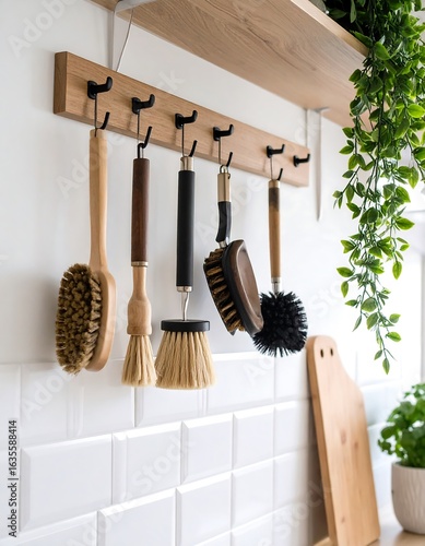 Kitchen cleaning brushes and utensils on a wooden shelf