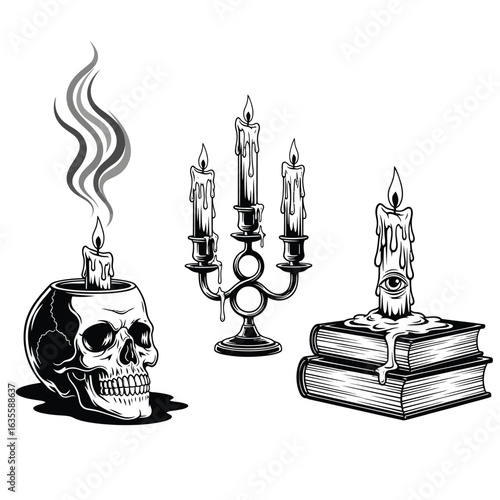Captivating and enchanting gothic elements mysterious ancient candelabras, symbolic skulls, and melting candles.