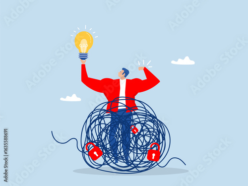 Businessman hold lightbulb answer on complicated messy.Solving complex problem,escaping from a messily tangled tight rope vector
