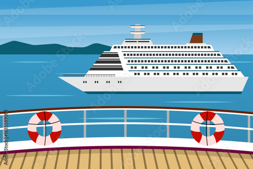 Vector illustration of a view of a cruise ship at anchor, seen from the ship's deck.