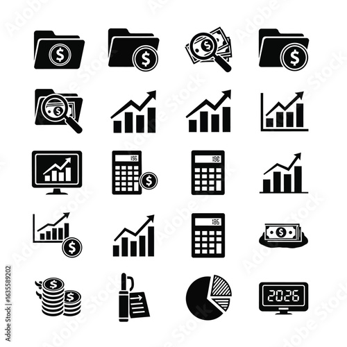 Financial Growth Icons Charts, Calculators, and Folders for Business Success