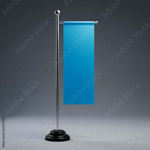 Realistic 3D Rendered Blank Blue Flag Displaying Advertising Information Against Gray Background