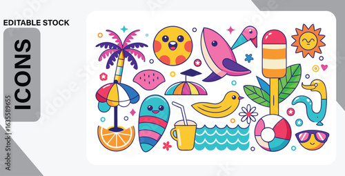 Collection of Cute Summer Icons with Beach and Tropical Elements vacation