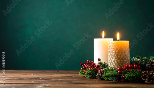 Two candles on a wooden table with a Christmas wreath