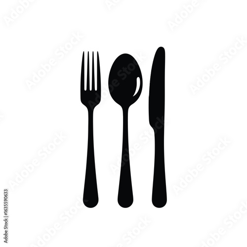 Classic cutlery icon with fork, spoon, and knife in black silhouette. A minimalist vector graphic for dining and food concepts.