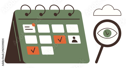 Desk calendar with marked tasks, magnifying glass highlighting eye, and cloud icon. Ideal for planning, focus, organization, reminders, task tracking deadlines work-life balance. Simple flat